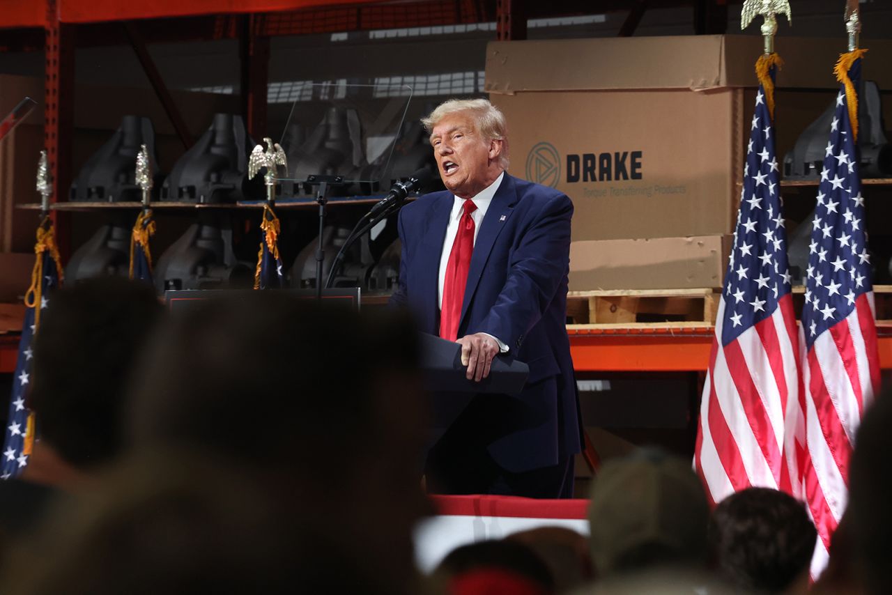 Former U.S. President Donald Trump spoke at a campaign rally at Drake Enterprises, an automotive parts manufacturer, on September 27 in Clinton Township, Michigan. 