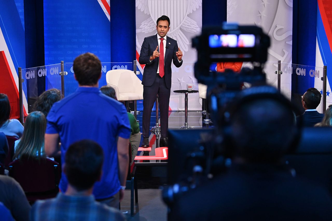 Ramaswamy speaks during a CNN Republican Town Hall in Des Moines, Iowa, on Wednesday.