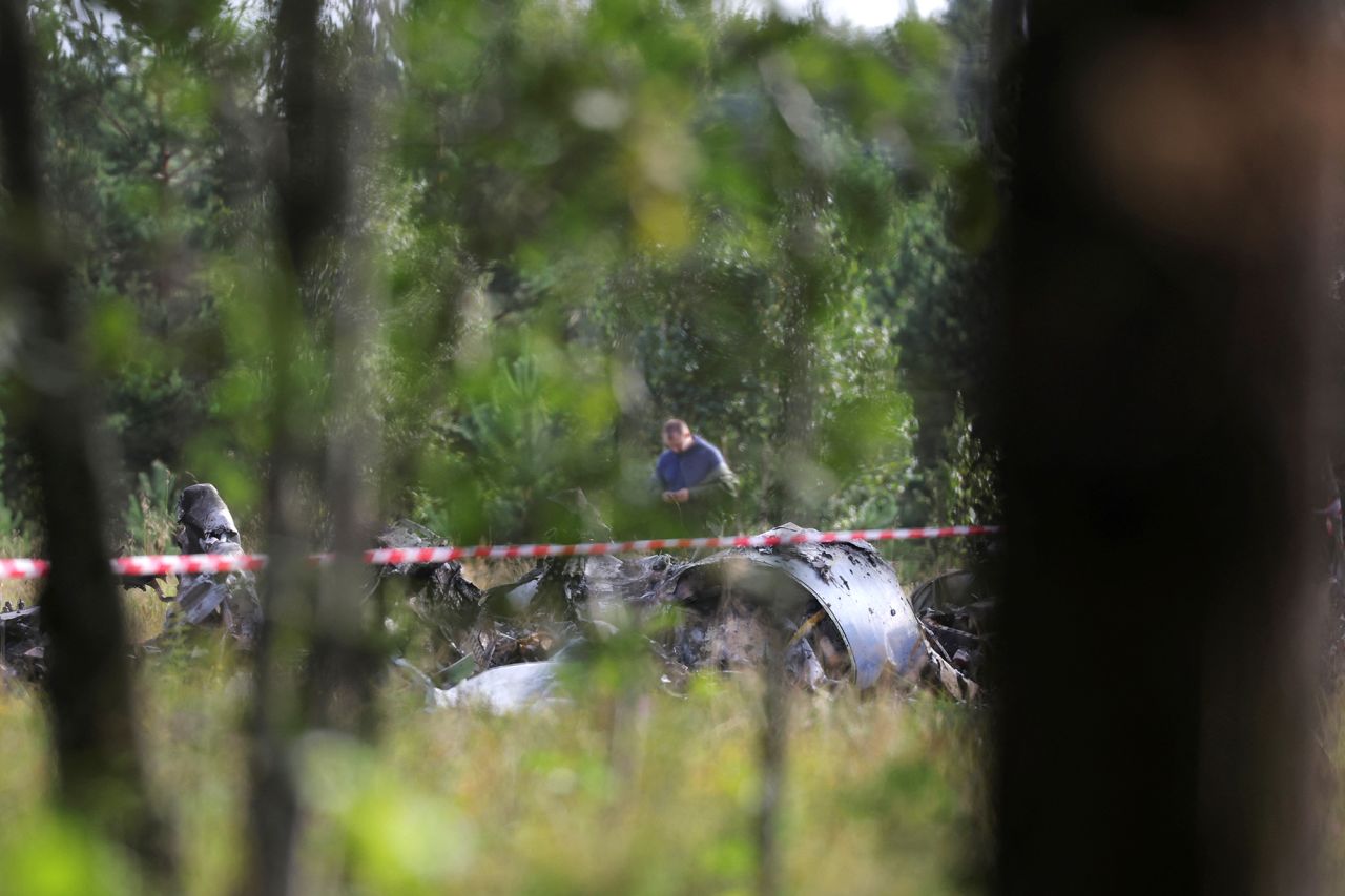 A specialist works at the site of a plane that crashed carrying Wagner mercenary chief Yevgeny?Prigozhin?in the Tver region, Russia, on August 24.