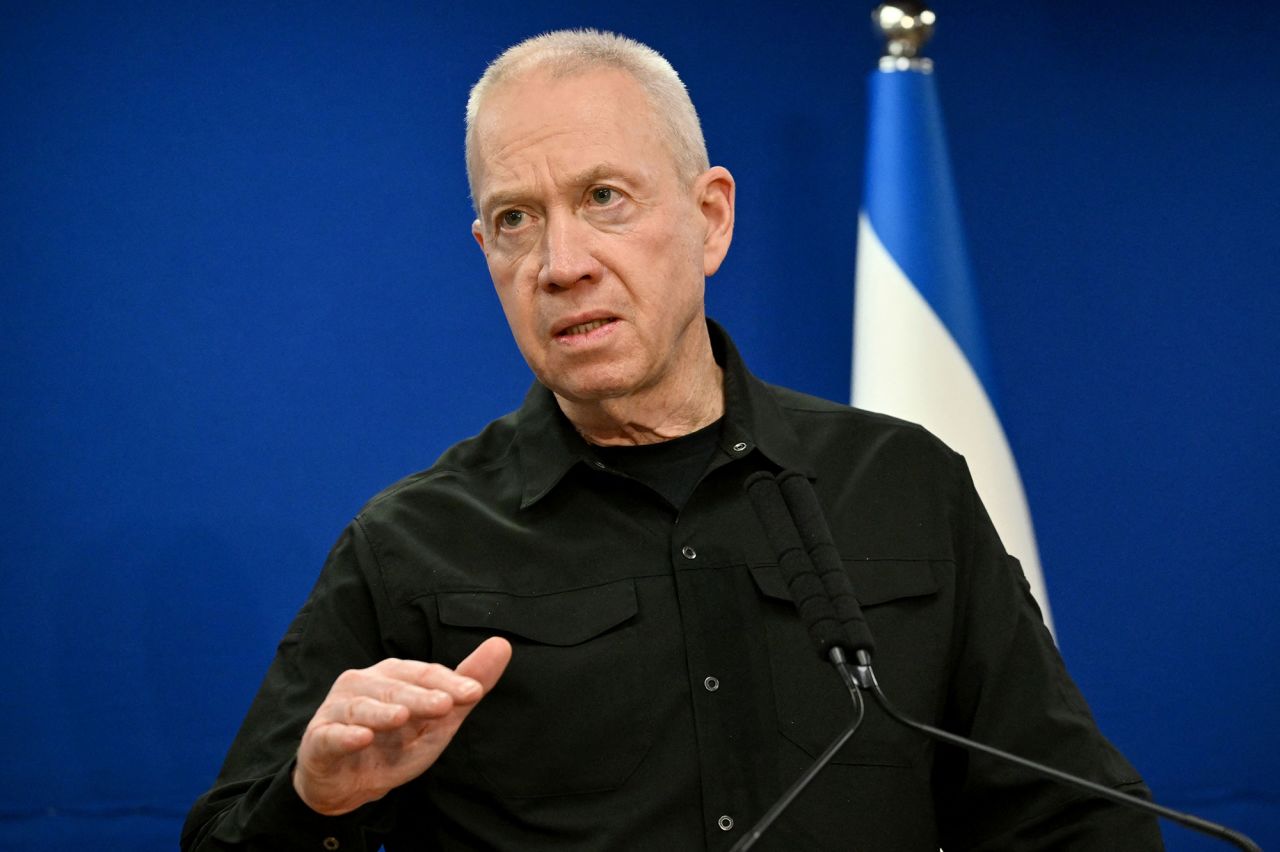 Israeli Defense Minister Yoav Gallant speaks during a press conference in Tel Aviv, Israel, in December 2023. 