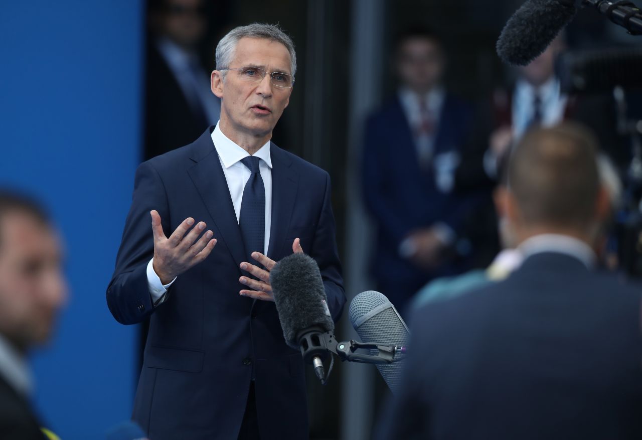 NATO Secretary General Jens Stoltenberg speaks to reporters at the 2018 NATO Summit at NATO headquarters on July 11, 2018 in Brussels, Belgium.?