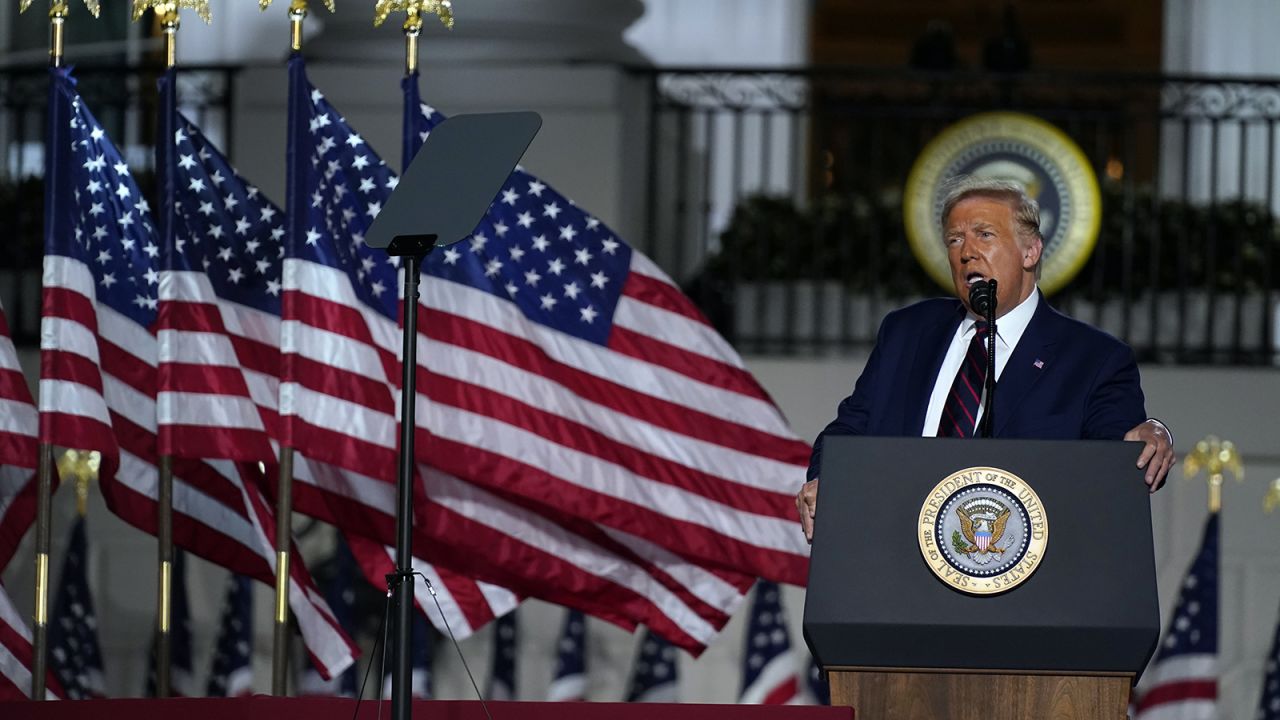 President Donald Trump speaks from the South Lawn of the White House on the fourth day of the Republican National Convention on Thursday in Washington.