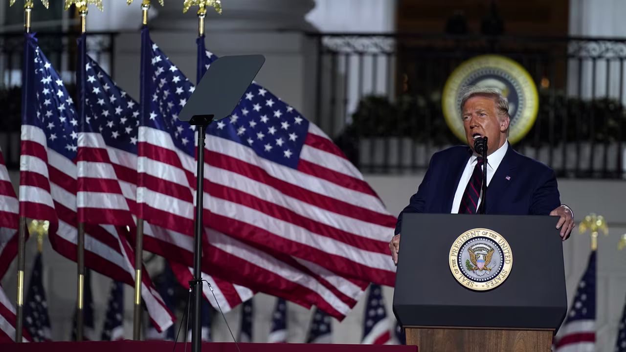 President Donald Trump speaks from the South Lawn of the White House on the fourth day of the Republican National Convention on Thursday in Washington.