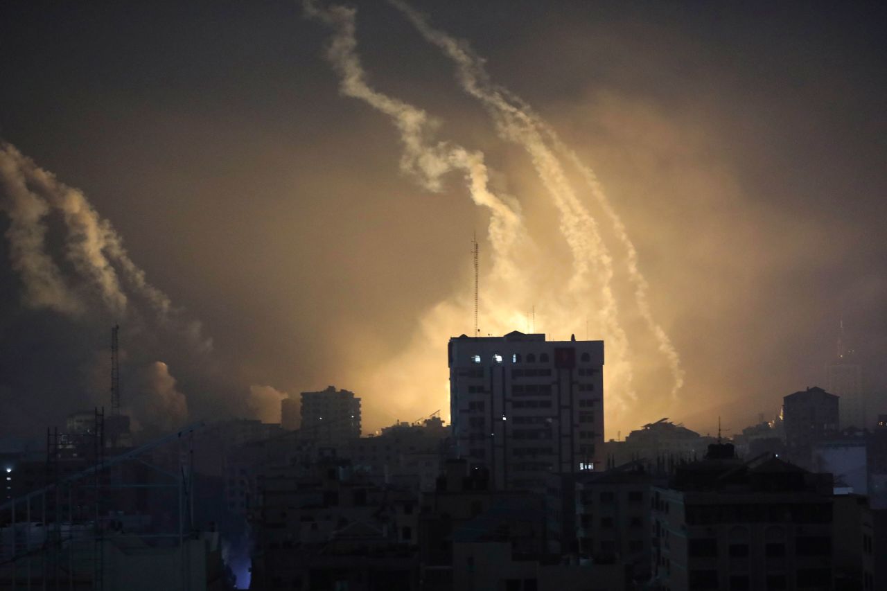 Smoke and explosions caused by Israeli bombardment are seen on the horizon in northern Gaza on October 28. 