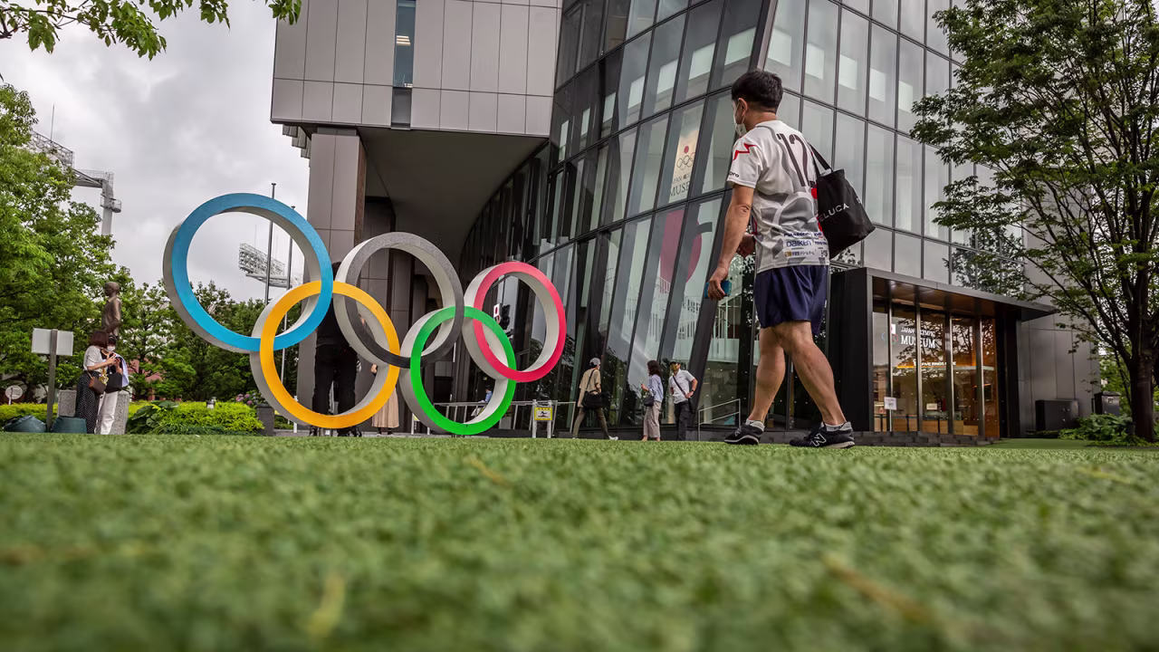 The Olympic Rings are seen outside the Japan Olympic Museum on June 23 in Tokyo.
