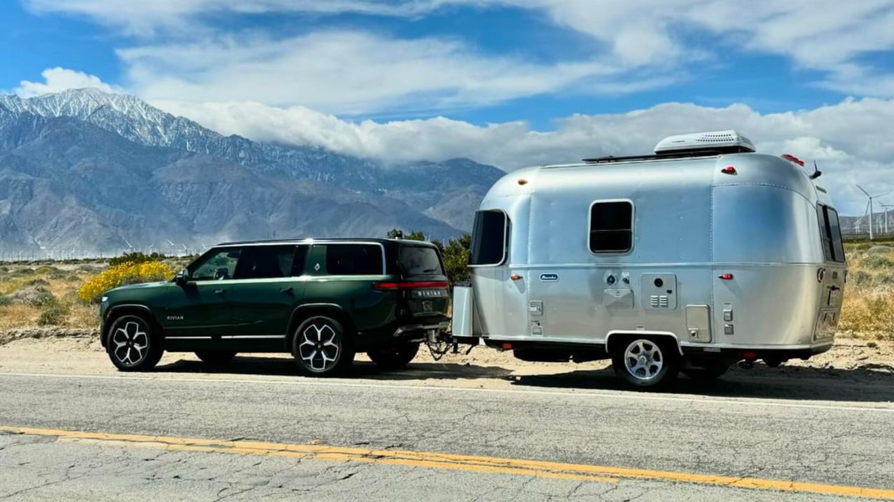 Mike Kowal’s Rivian R1S towing an Airstream trailer on March 24, 2023, in Desert Hot Spring’s California.