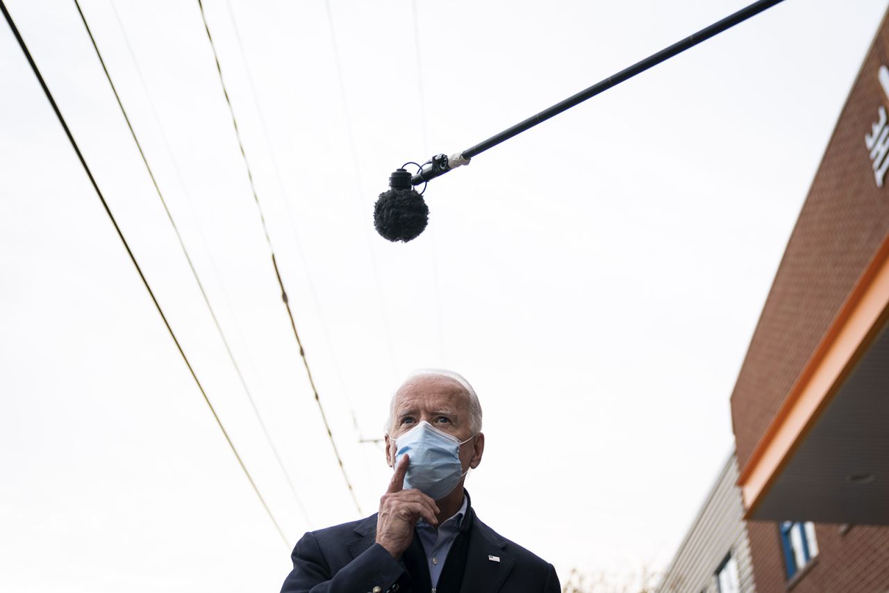 Democratic presidential nominee Joe Biden speaks to reporters after a stop at The Warehouse, a community center for teens in East Wilmington, on November 3, in Wilmington, Delaware. 