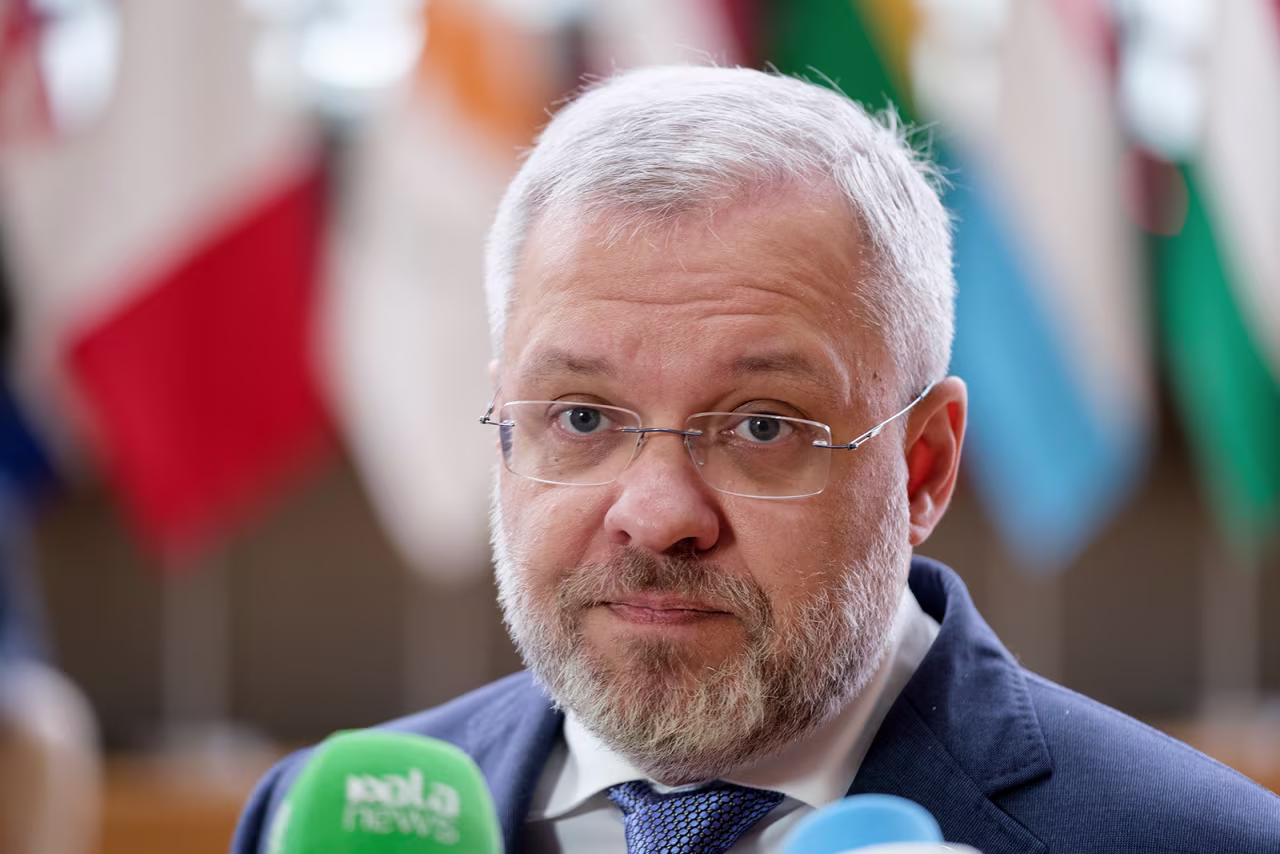 Ukrainian Minister of Energy, Herman Halushchenko, talks to media prior a meeting in Brussels on July 26.