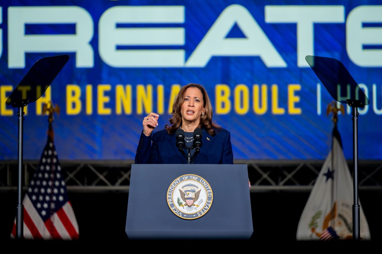 Kamala Harris delivers remarks at a gathering of the Sigma Gamma Rho sorority in Houston, Texas on July 31.