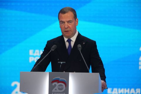 Dmitry Medvedev, deputy chair of Russia's Security Council, speaks in Moscow, Russia in 2021. 