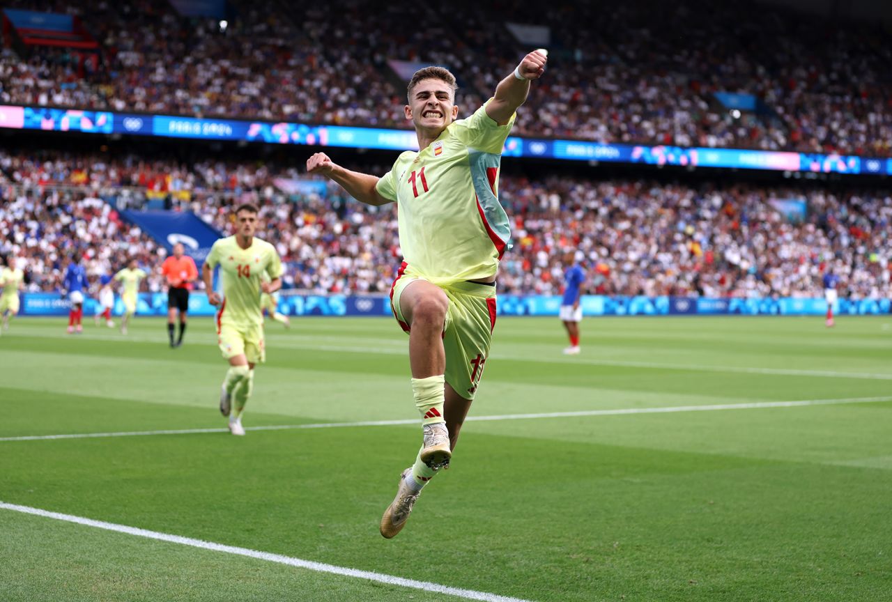 Spain’s Fermín López celebrates scoring his team's first goal during the men's soccer gold medal match against France on August 9. 