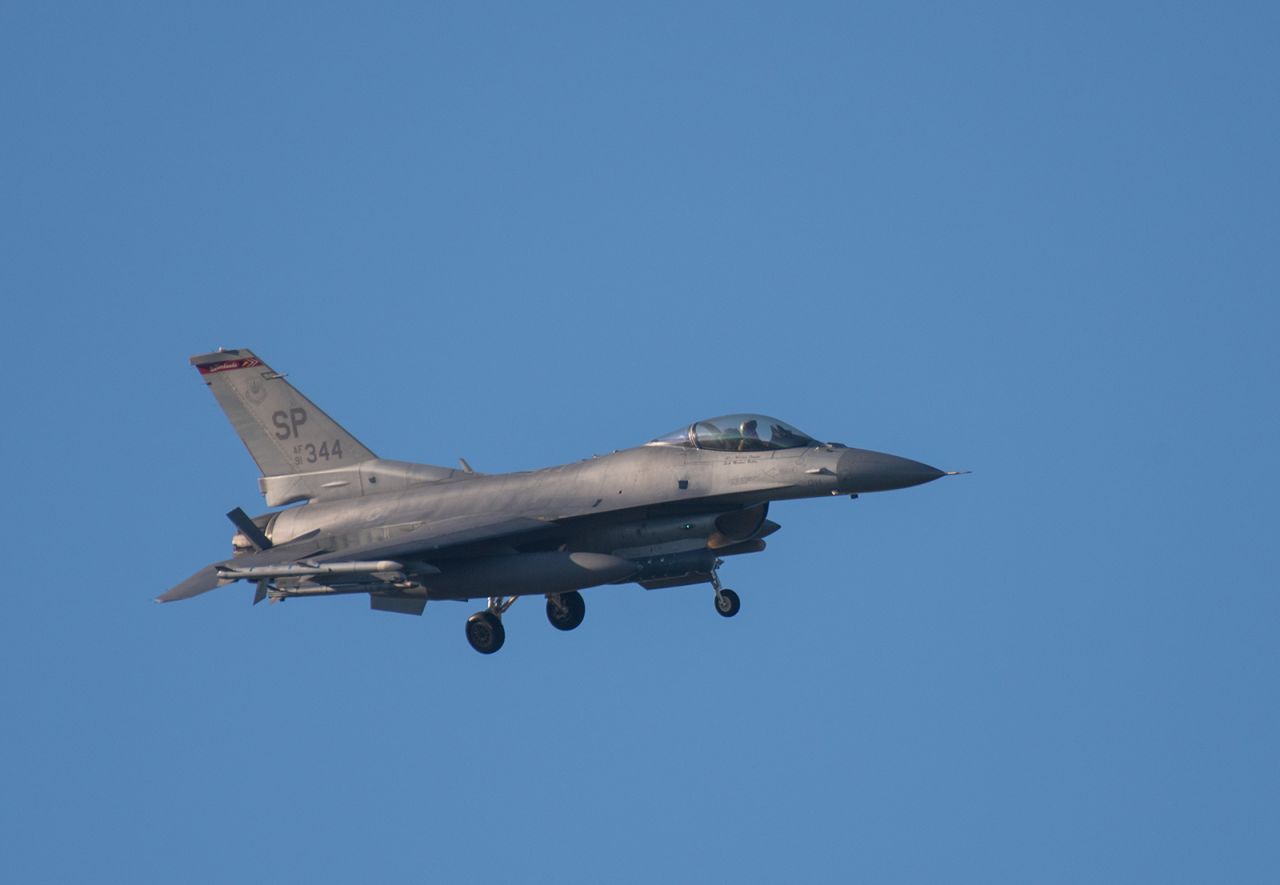 An F-16 Fighting Falcon fighter aircraft extended its landing gear to land at the U.S. military airfield at Spangdahlem on February 7.?