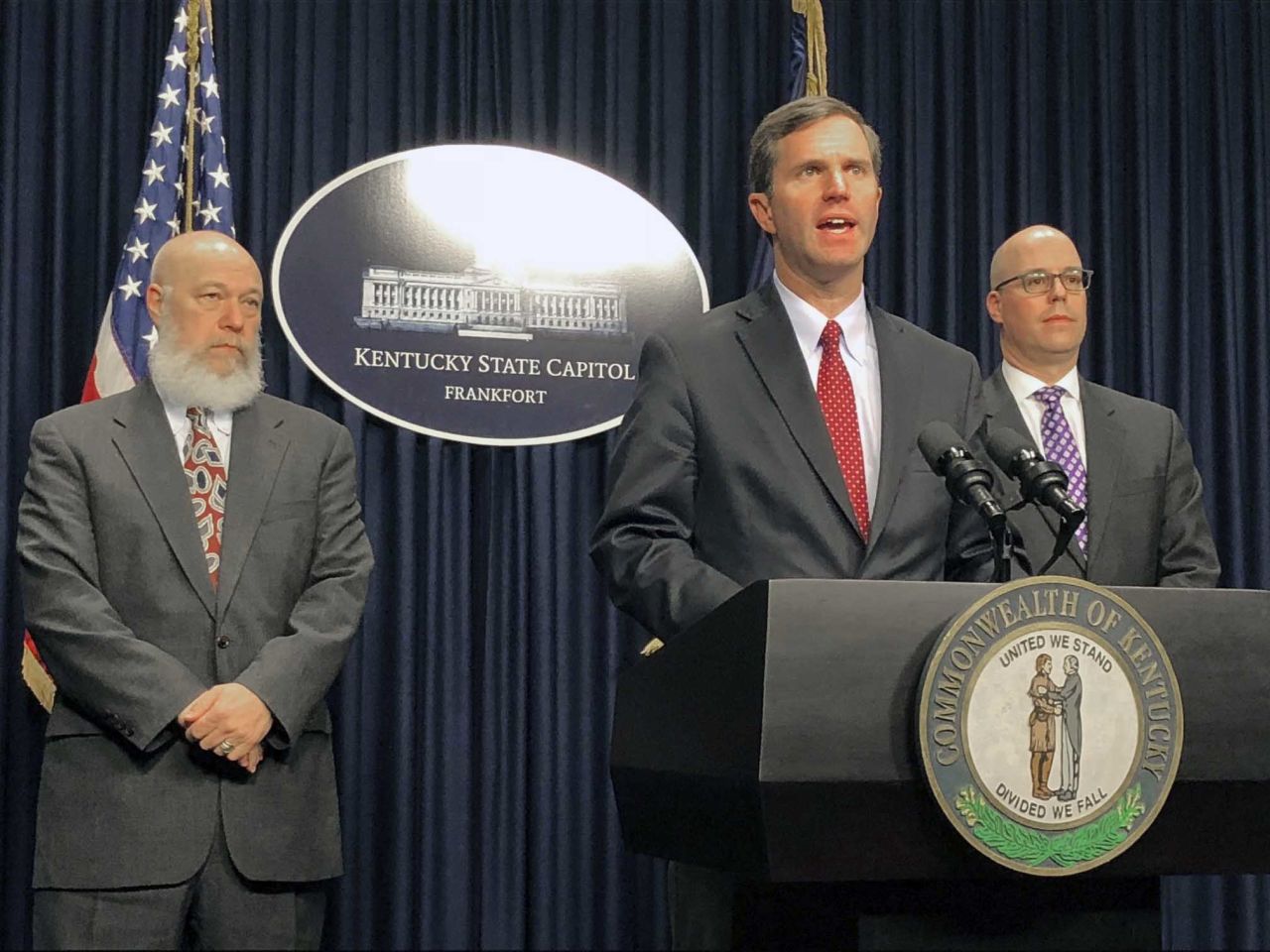 Kentucky Governor Andy Beshear speaks about coronavirus at a press conference in Frankfort, Kentucky, on March 6.