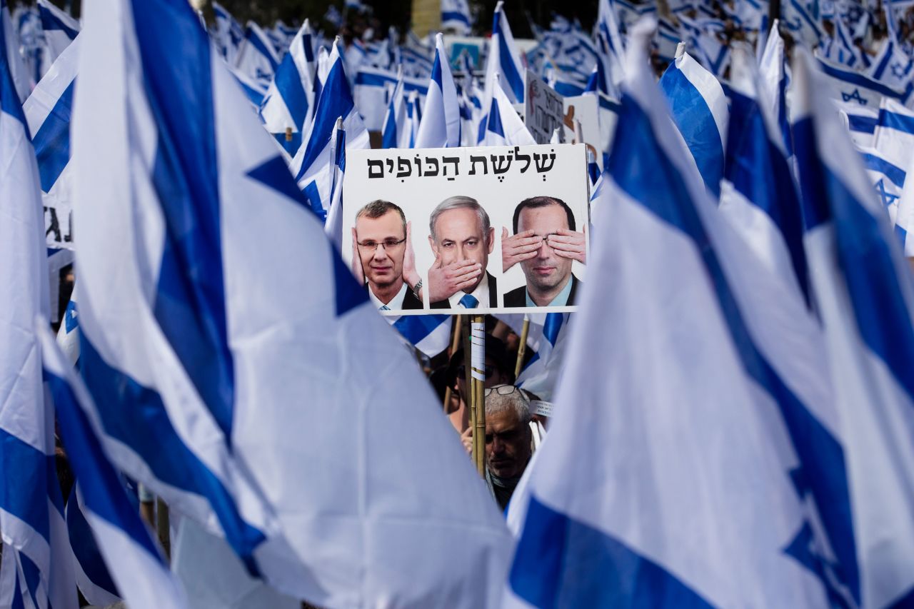 Protesters attend a rally in Jerusalem against the Israeli government's judicial overhaul plan on March 27.