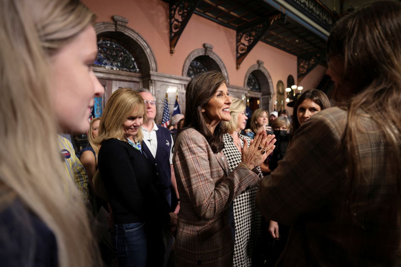 Former South Carolina Gov. Nikki Haley speaks with supporters after registering for the 2024 South Carolina presidential primary ballot at the South Carolina State House in Columbia on October 30.