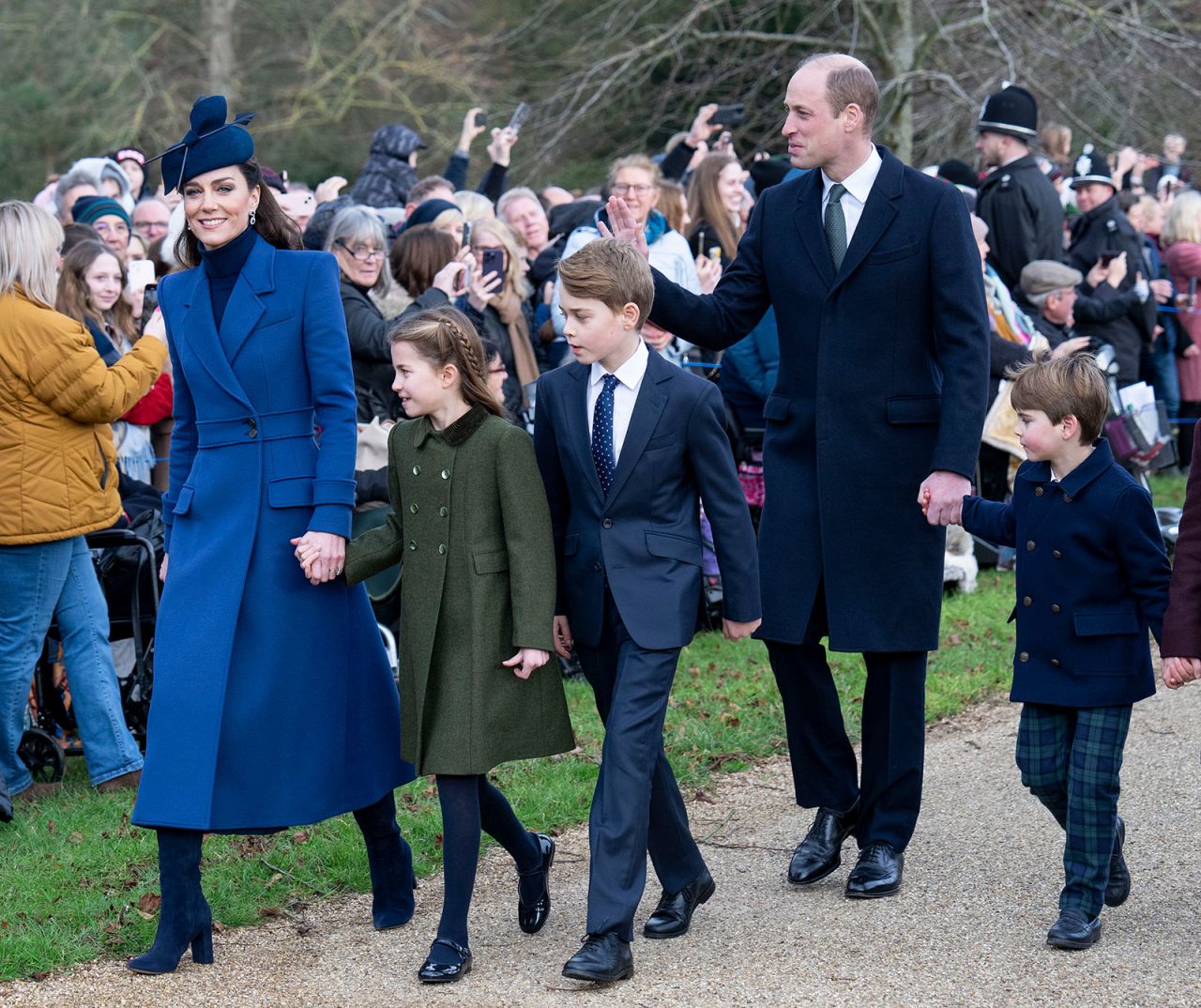 The Princess of Wales and Prince William, along with Prince Louis, Prince George and Princess Charlotte attend the Christmas Day service at St Mary Magdalene Church on December 25, 2023, in Sandringham, Norfolk. 