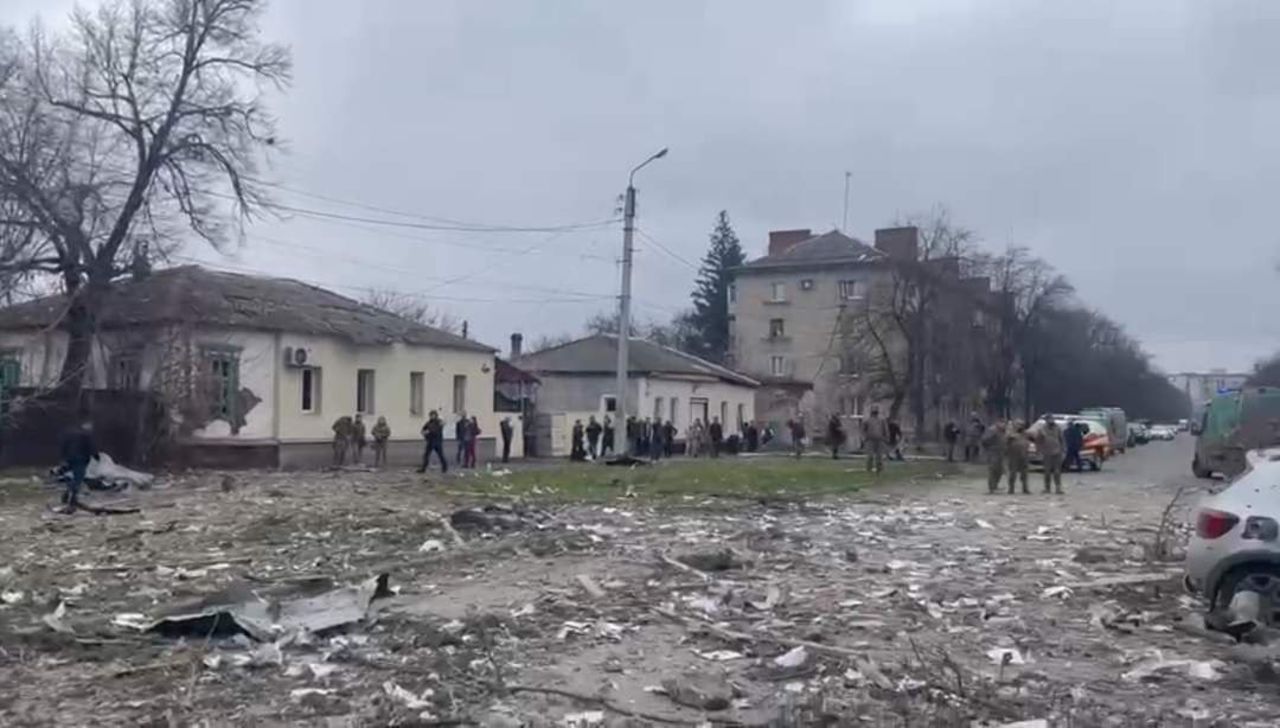 Aftermath of strike in Sloviansk, Ukraine, on March 2