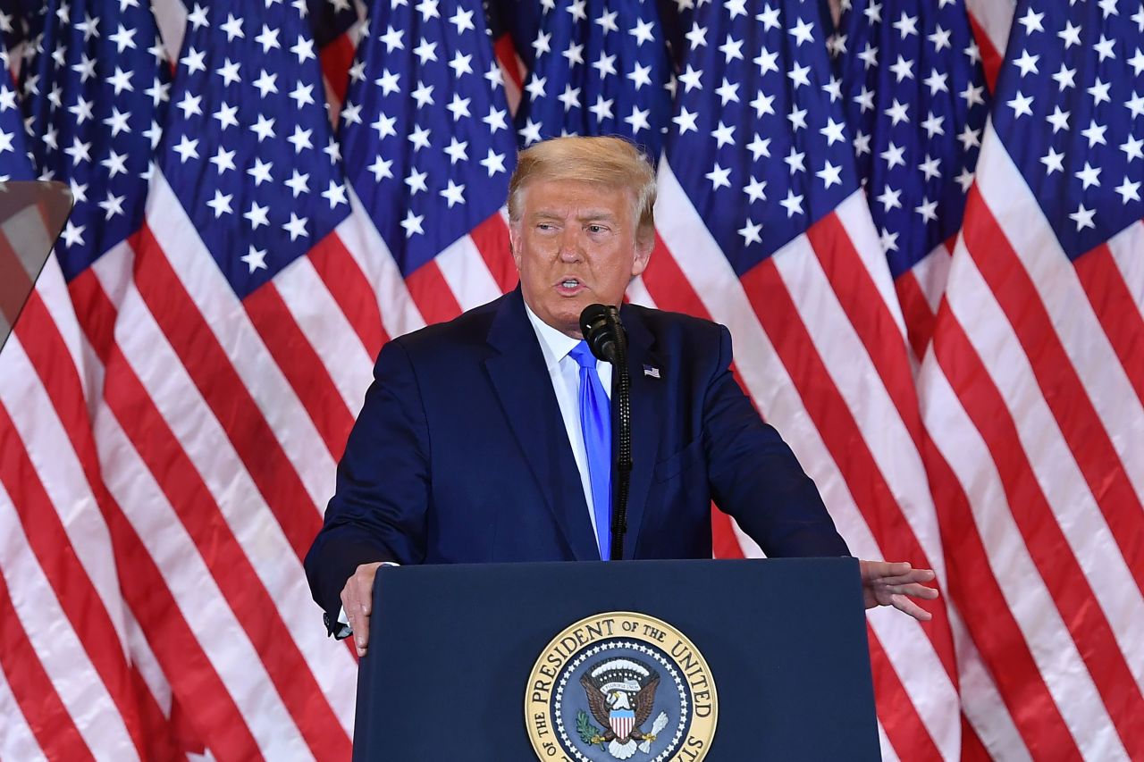 Then-President Donald Trump speaks in the East Room of the White House on election night November 4, 2020.