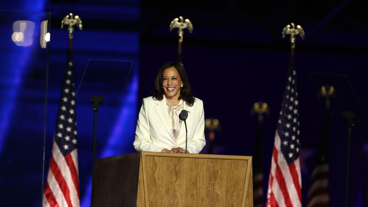 Vice President-elect Kamala Harris addresses the nation from the Chase Center on November 7 in Wilmington, Delaware. 