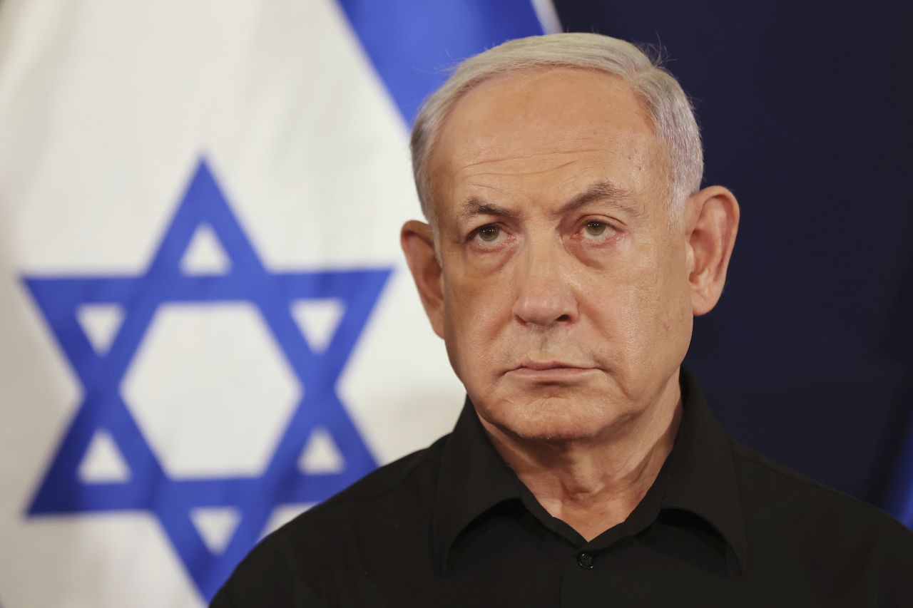 Israeli Prime Minister Benjamin Netanyahu attends a media conference in Tel Aviv on October 12, 2023. 