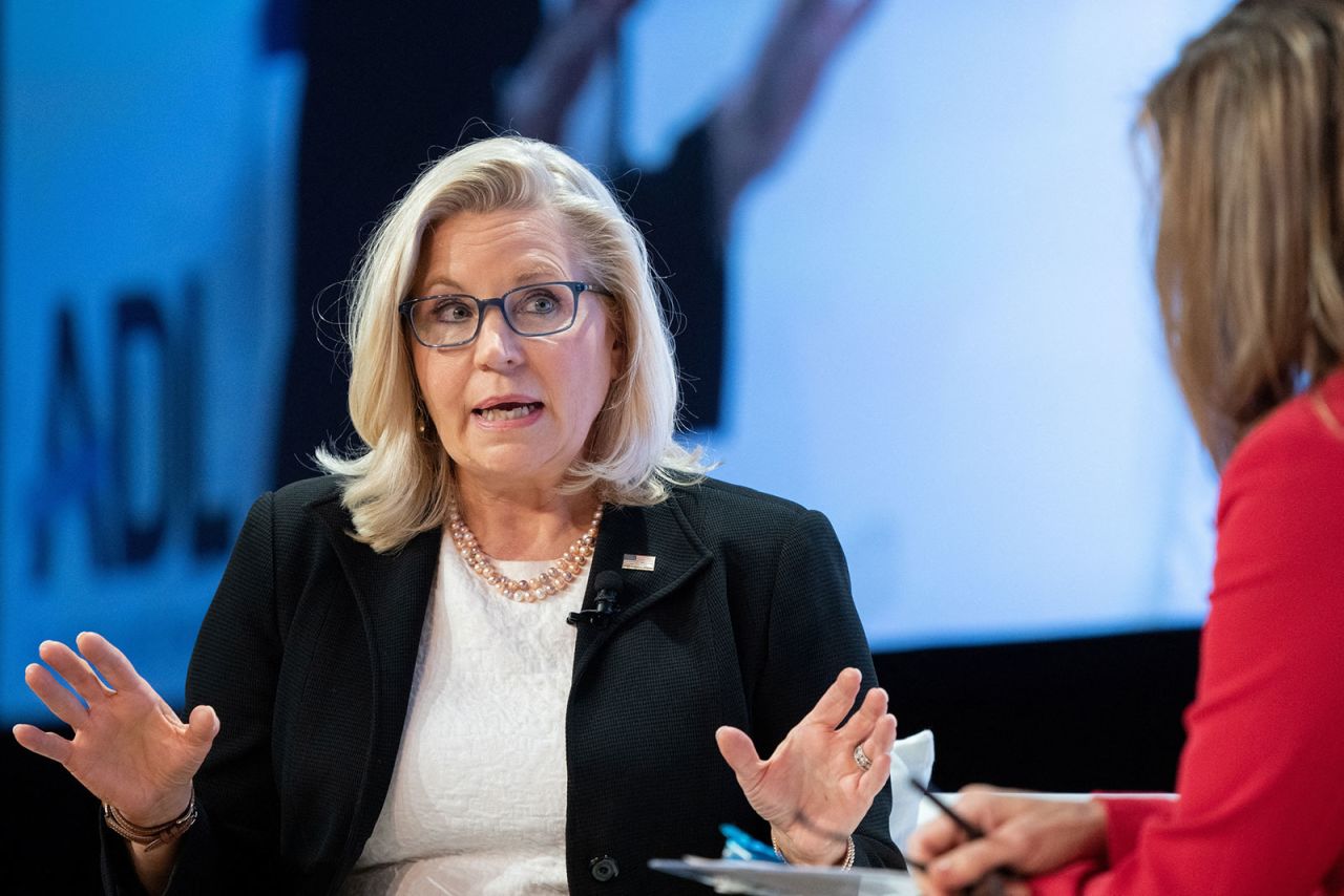 Liz Cheney speaks during the Anti-Defamation League's Never is Now summit in New York on Thursday. 