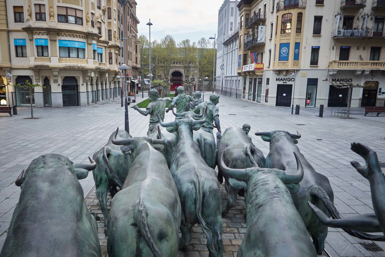 A monument to the San Fermin festival is pictured in Pamplona, Spain, on April 16.