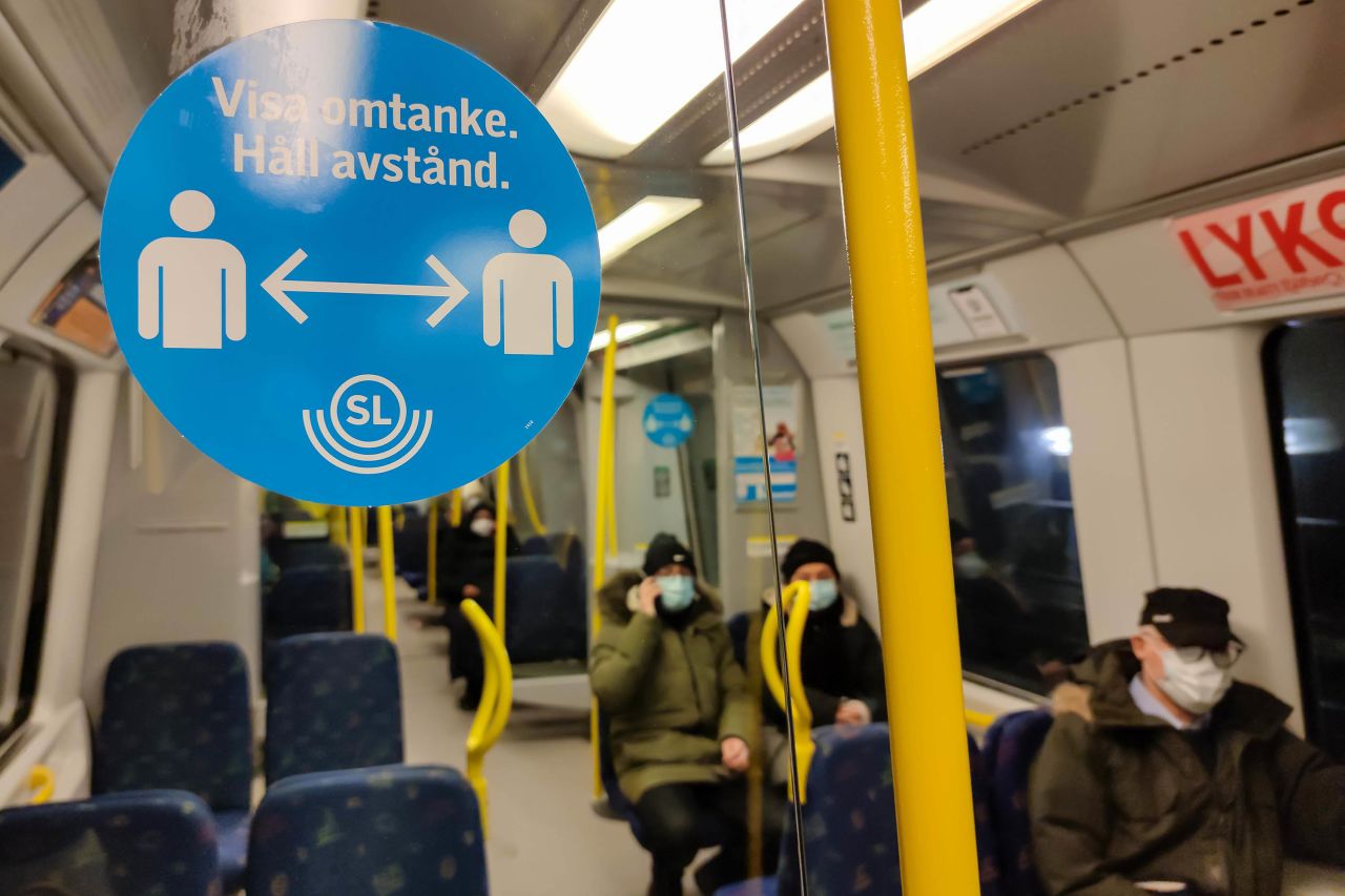 A sign with social distancing guidance is seen on a subway train in Stockholm, Sweden, on February 10.