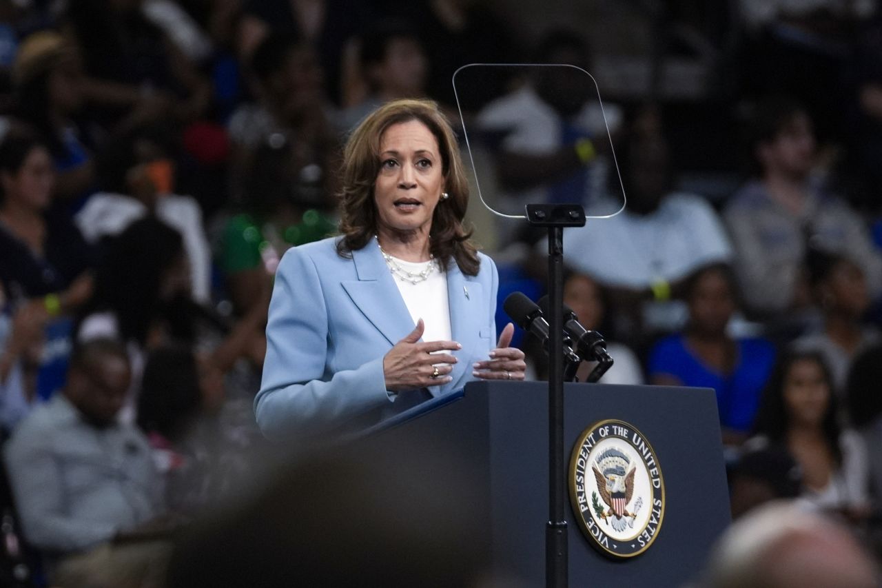 Vice President Kamala Harris speaks during a campaign rally, on July 30, in Atlanta.