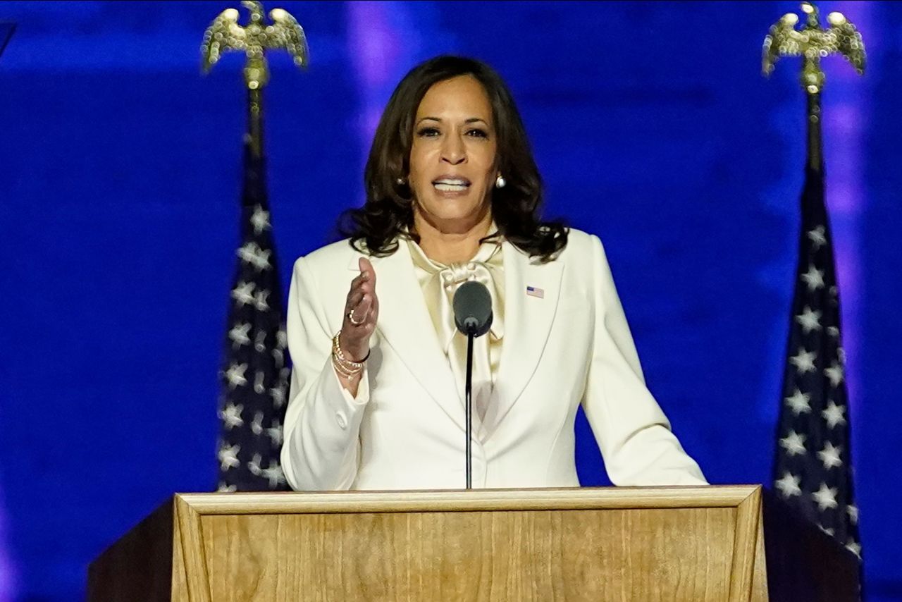 Vice President-elect Kamala Harris speaks on November 7 in Wilmington, Delaware.