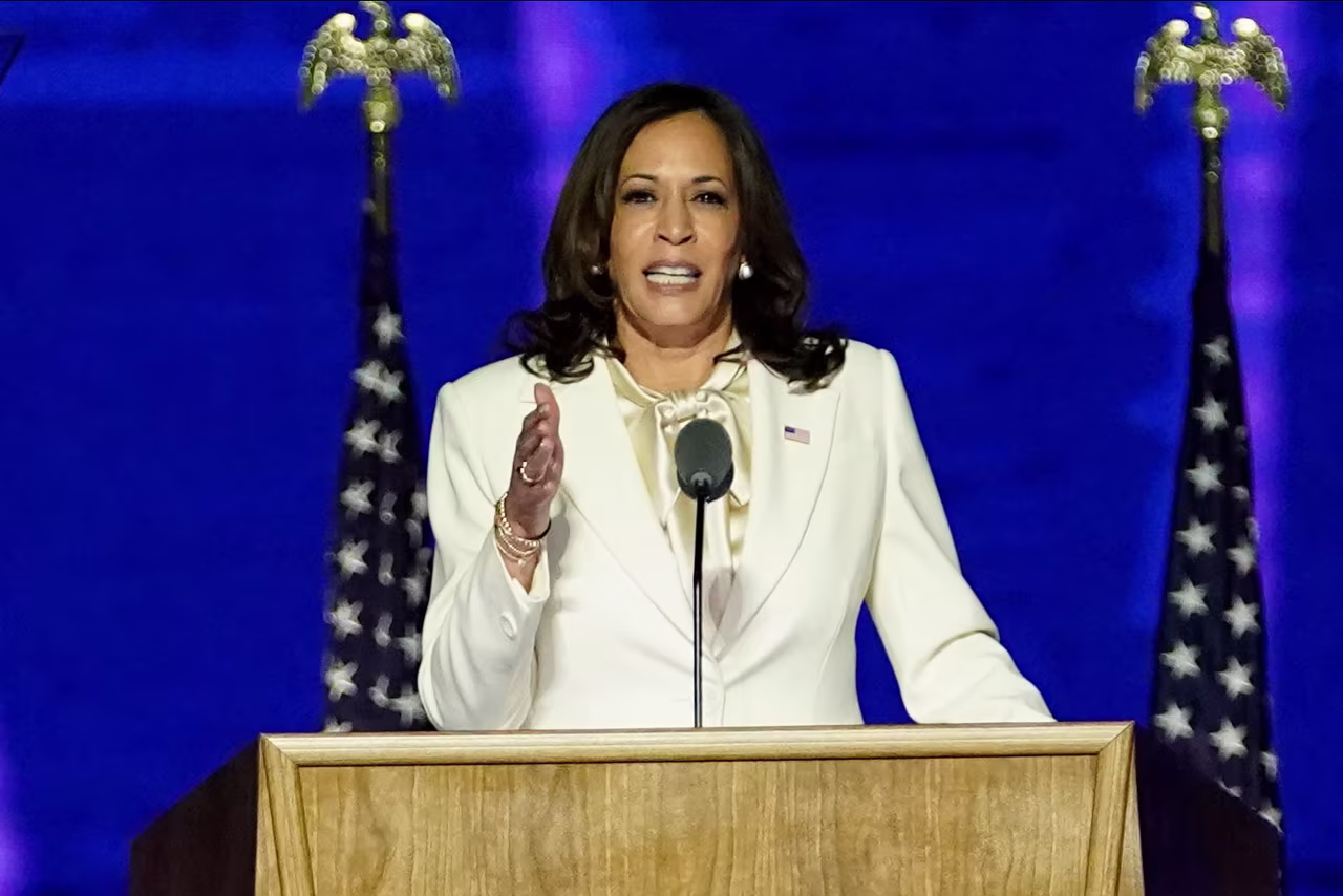 Vice President-elect Kamala Harris speaks on November 7 in Wilmington, Delaware.