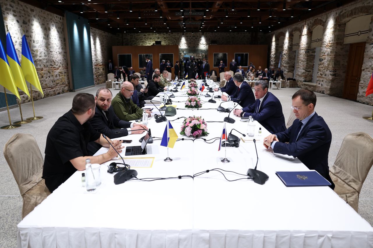 Russian and Ukrainian delegations meet at Dolmabahce Presidential Office for the peace talks in Istanbul, Turkey, on March 29.