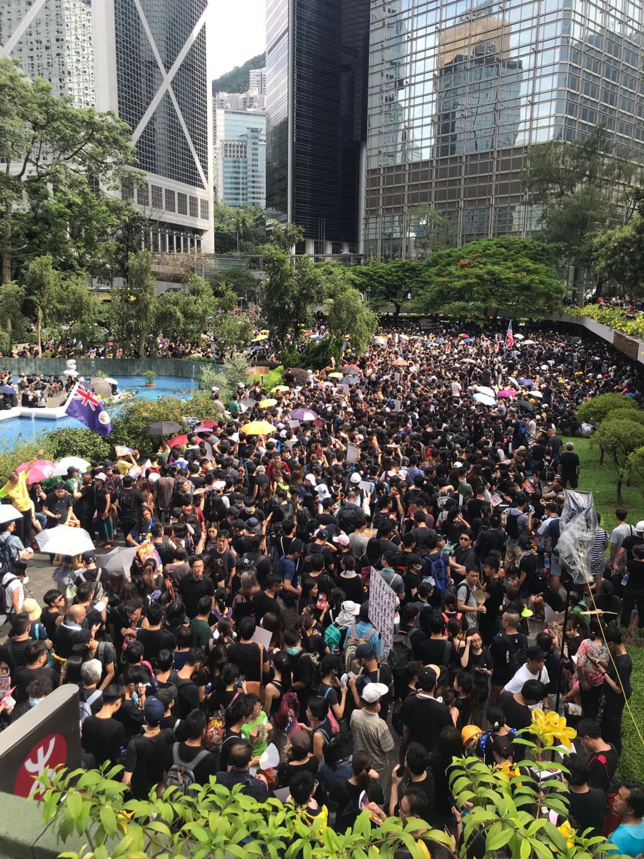 Protesters gathering in Chater Garden, Central, on July 28, 2019.