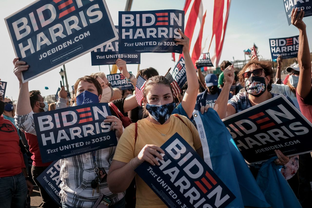 Biden supporters celebrate outside the Chase Center in Wilmington, Delaware, where Biden was scheduled to speak later on November 7.