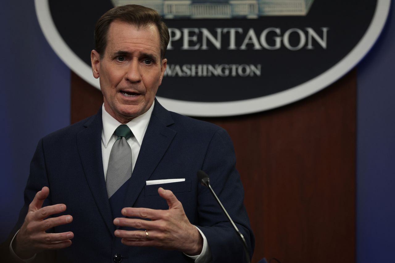 Pentagon Press Secretary John Kirby conducts a news briefing at the Pentagon on Friday, February 25, 2022 in Arlington, Virginia. 