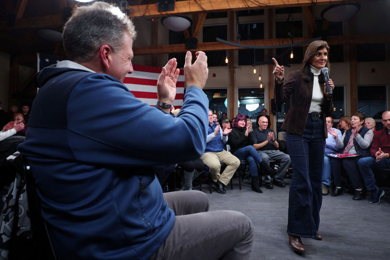 Nikki Haley speaks after being endorsed by New Hampshire Governor Chris Sununu at a campaign town hall in Manchester, New Hampshire, on December 12.