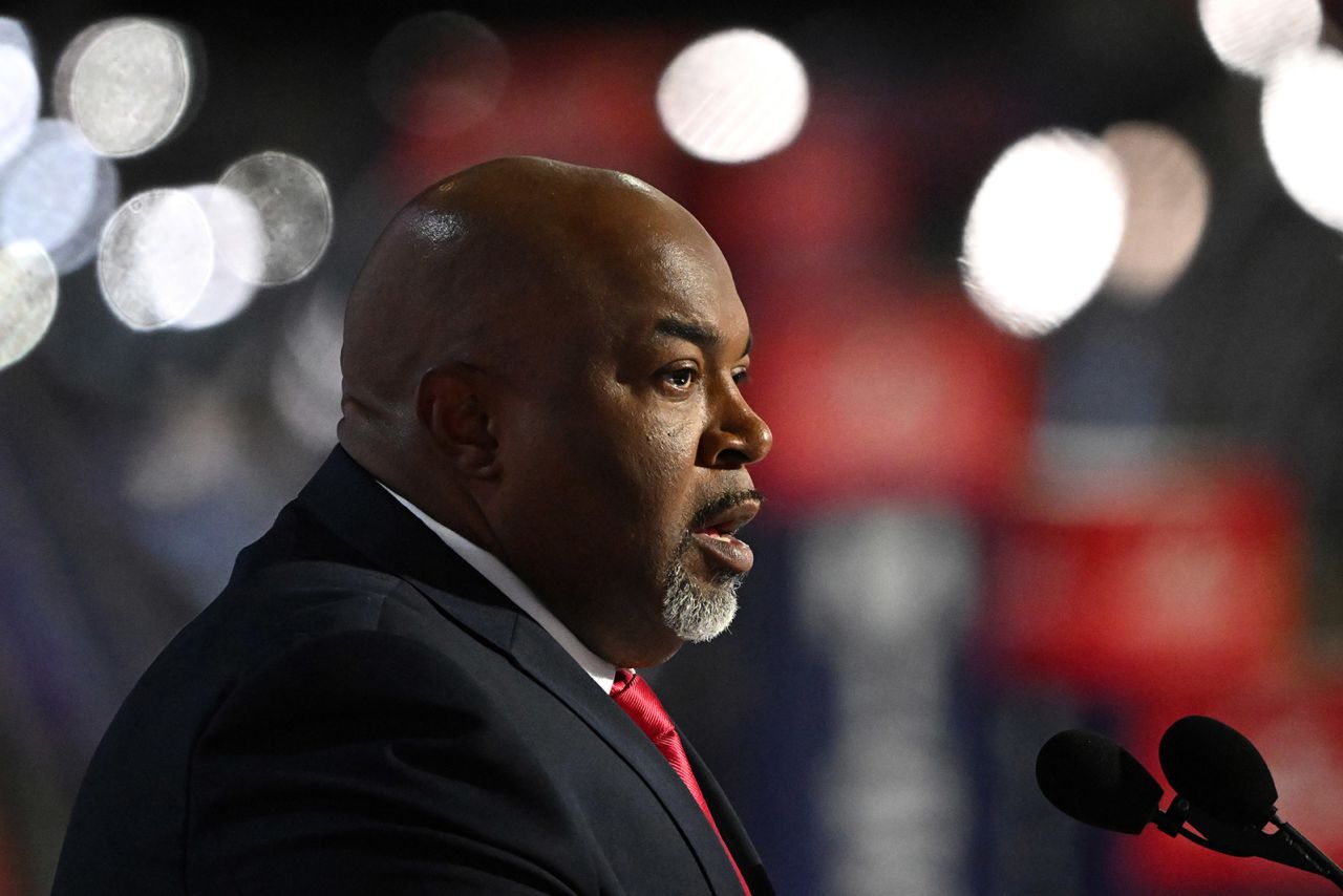 North Carolina Lieutenant Governor Mark Robinson speaks on stage at the Republican National Convention in Milwaukee, Wisconsin, on July 15. 