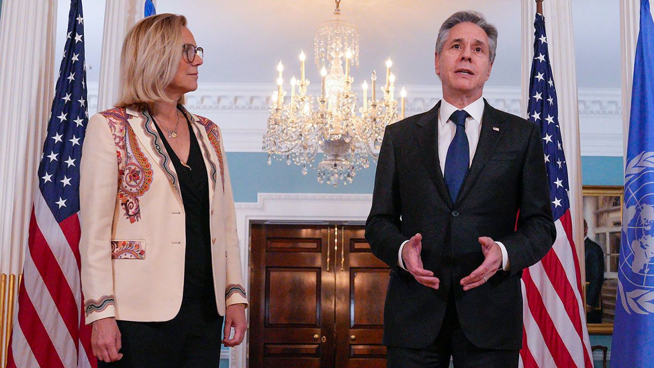 Secretary of State Antony Blinken, right, speaks with UN Senior Humanitarian and Reconstruction Coordinator for Gaza, Sigrid Kaag, at the State Department, on Wednesday, January 31