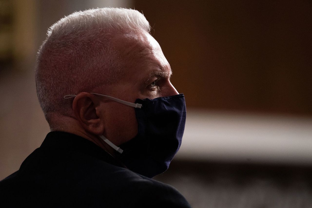 Adm. Brett Giroir listens during a hearing of the Senate Appropriations subcommittee reviewing coronavirus response efforts on September 16 in Washington.