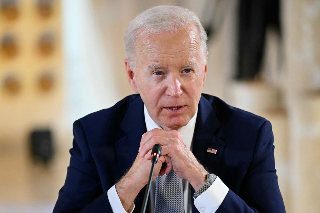 US President Joe Biden speaks in Savelletri, Italy, on June 13.