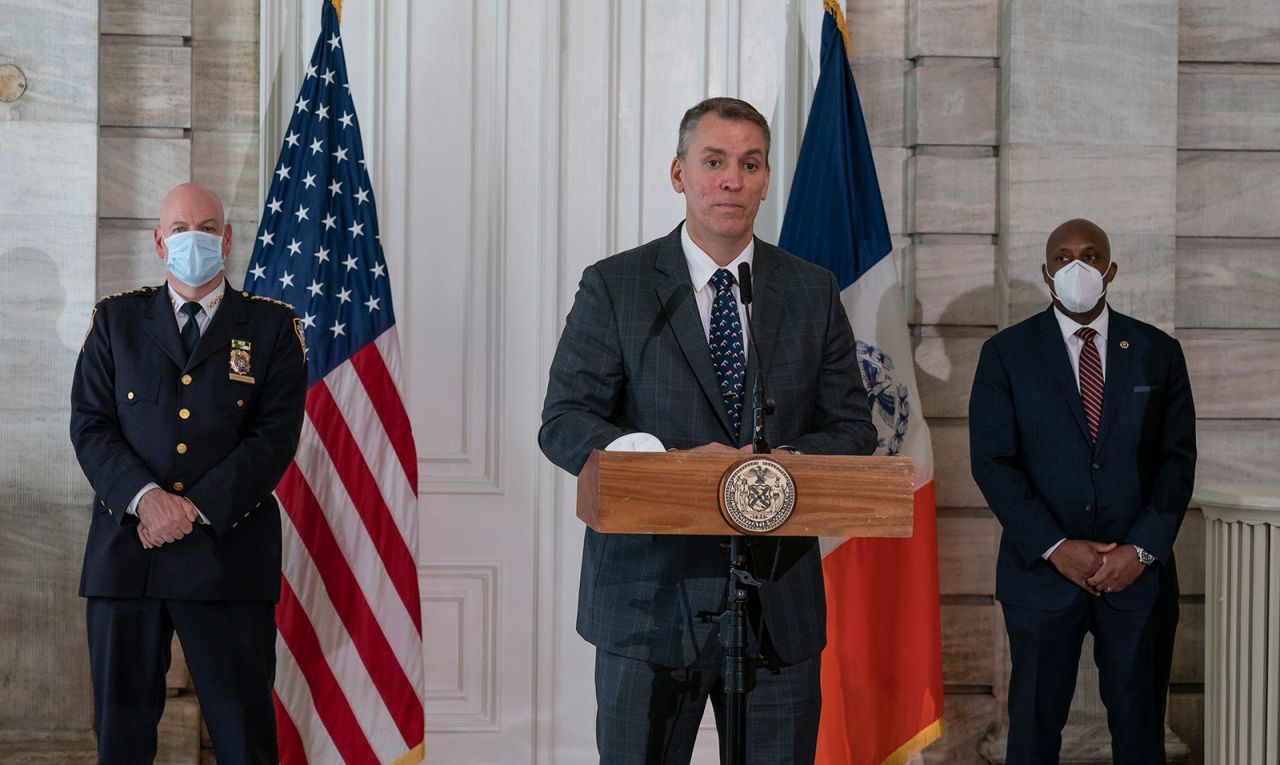 New York City Police Commissioner Dermot Shea speaks to the media on May 29.