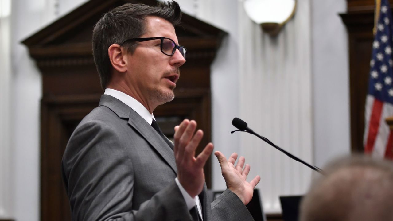Assistant District Attorney Thomas Binger gives his closing argument in Kenosha, Wisconsin, on Monday.
