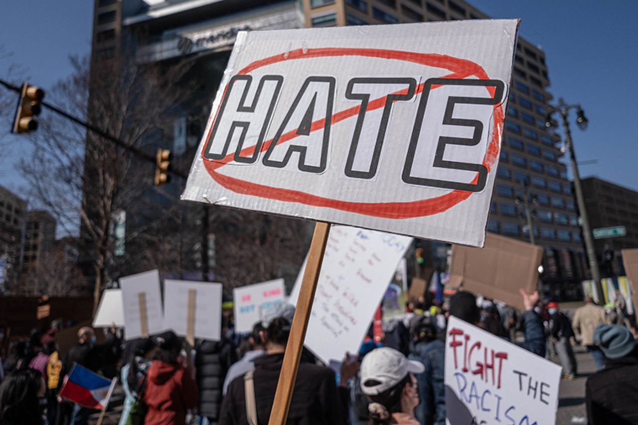 People march during a Stop Asian Hate rally in downtown Detroit, Michigan on March 27, 2021.