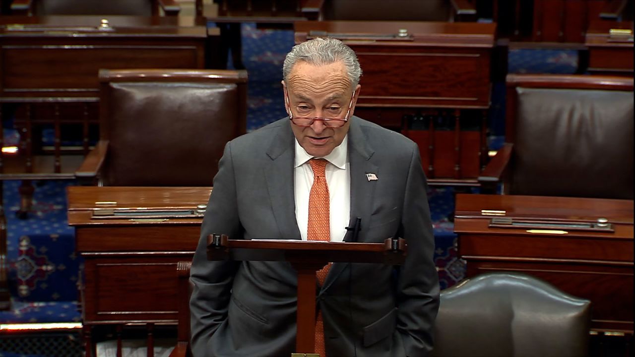 Senate Majority Leader Chuck Schumer speaks on the Senate floor on Monday, October 16, 2023.