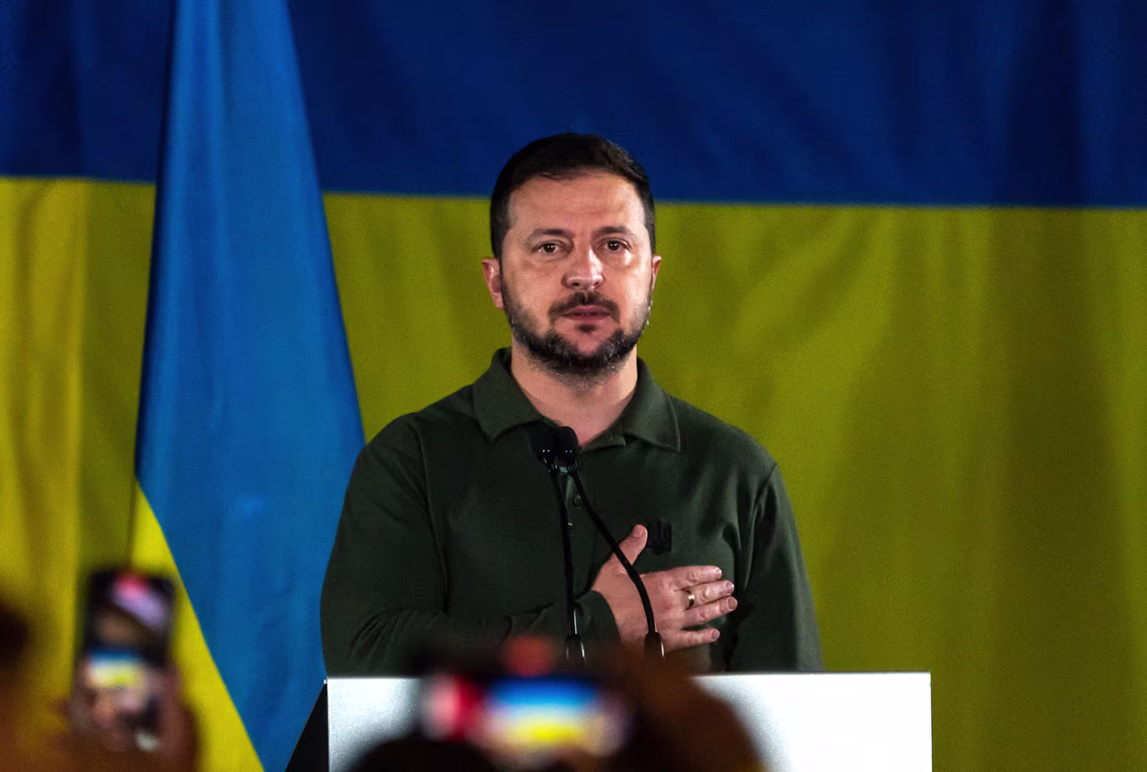 Volodymyr Zelensky stands for the Ukrainian national anthem in Toronto, Canada on September 22.
