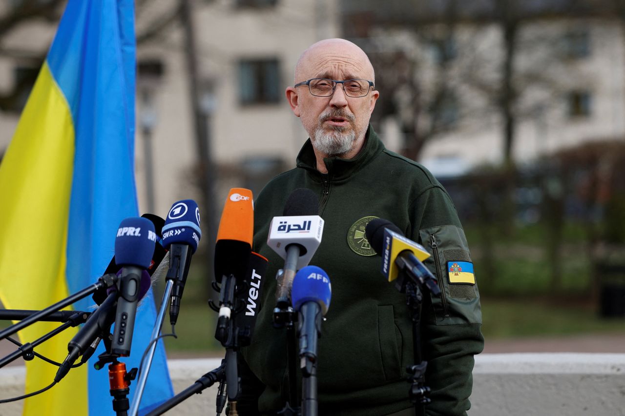 Ukraine's Defense Minister Oleksii?Reznikov?gives a statement at Ramstein U.S. Air Base, Germany, on April 21.