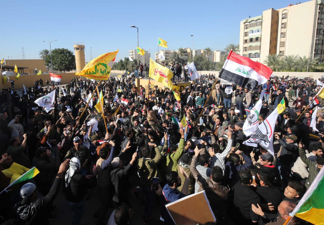 A crowd of protesters demonstrate outside the US embassy in the Iraqi capital on Tuesday. Photo: Ahmad Al-Rubaye/AFP via Getty Images