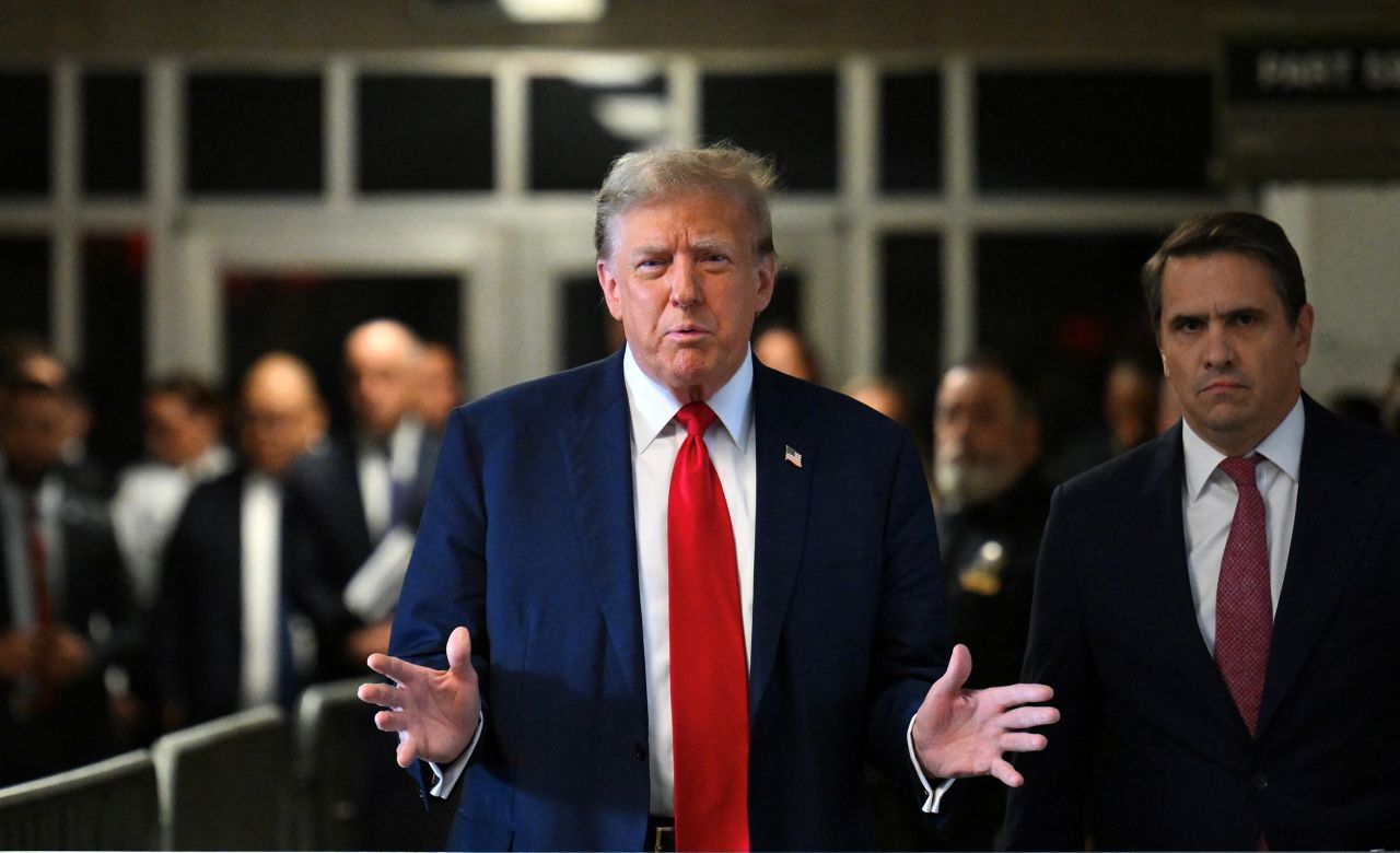 Former President Donald Trump speaks to reporters at Manhattan Criminal Court in New York City on April 15.