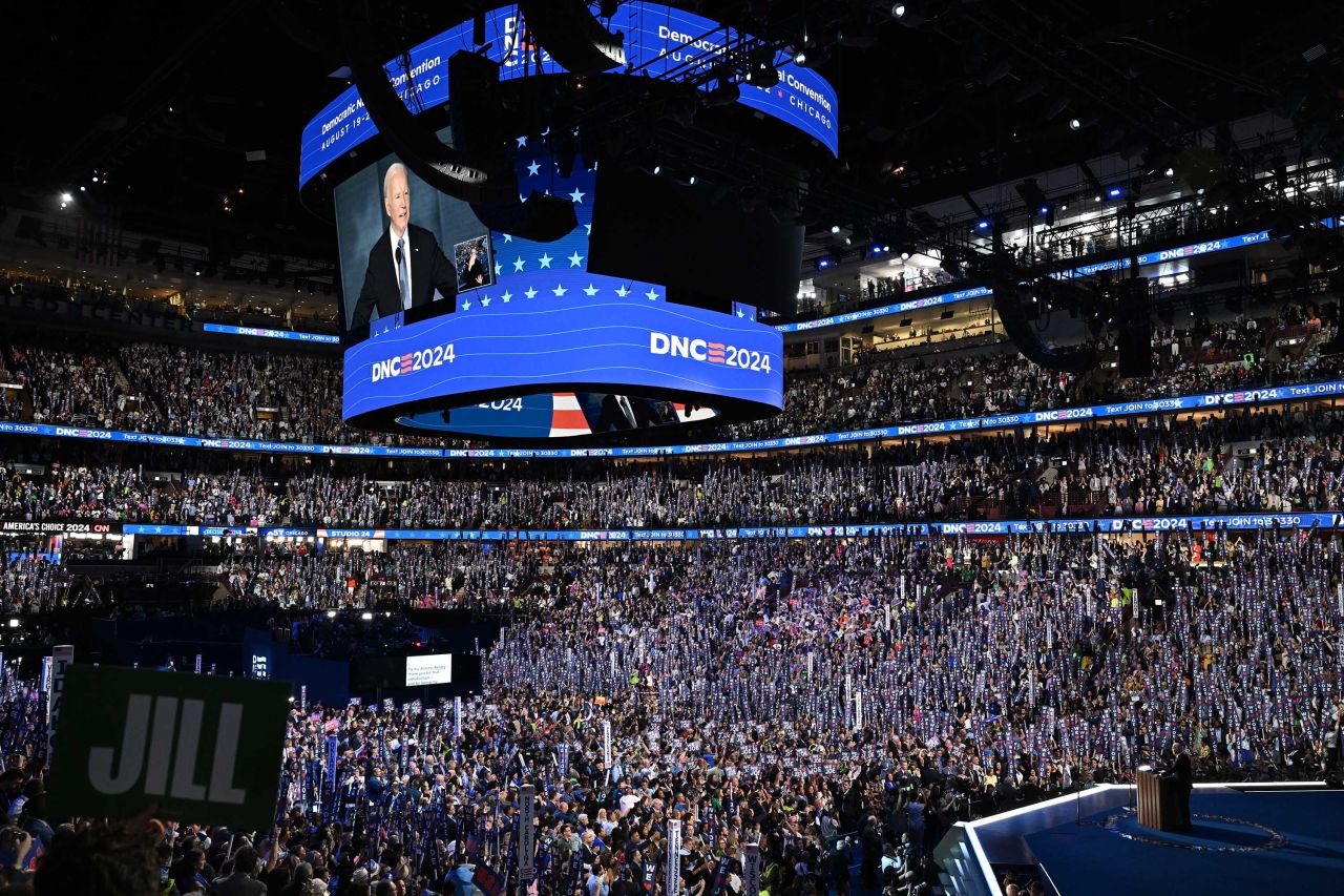 President Joe Biden gives remarks during the DNC on Monday, August 19, in Chicago.