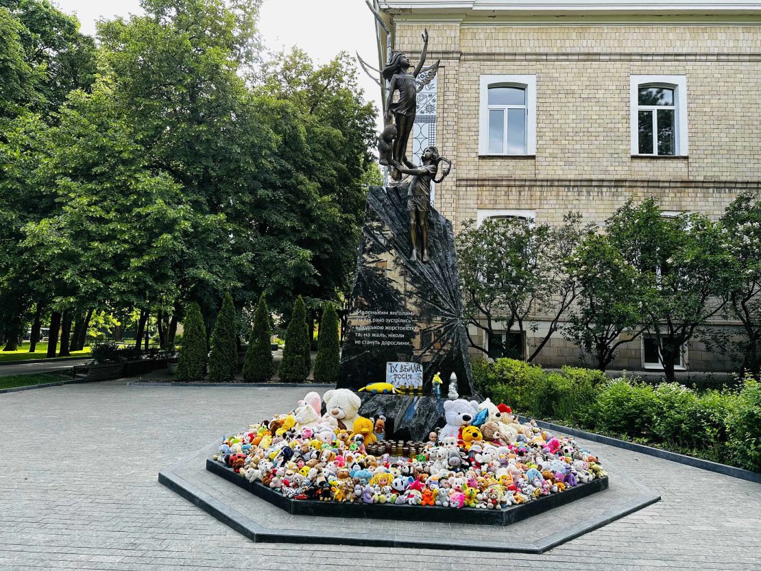 This monument is dedicated to children killed during the war. The sign reads: "They were killed by Russia."