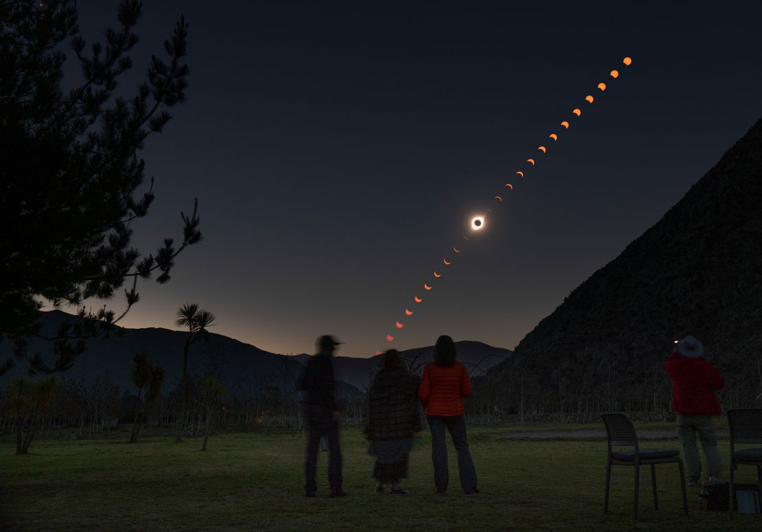 This composite image captures the phases of a total solar eclipse as they unfolded in El Molle, Chile, in July 2019.